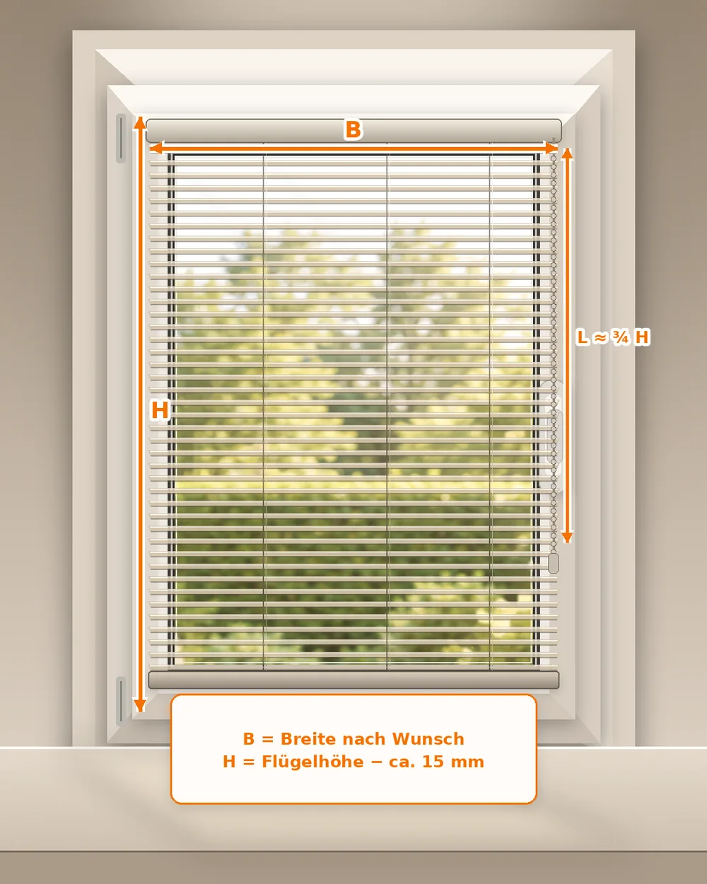 Messgrafik für eine Jalousie auf dem Fensterflügel mit Breite und Flügelhöhe