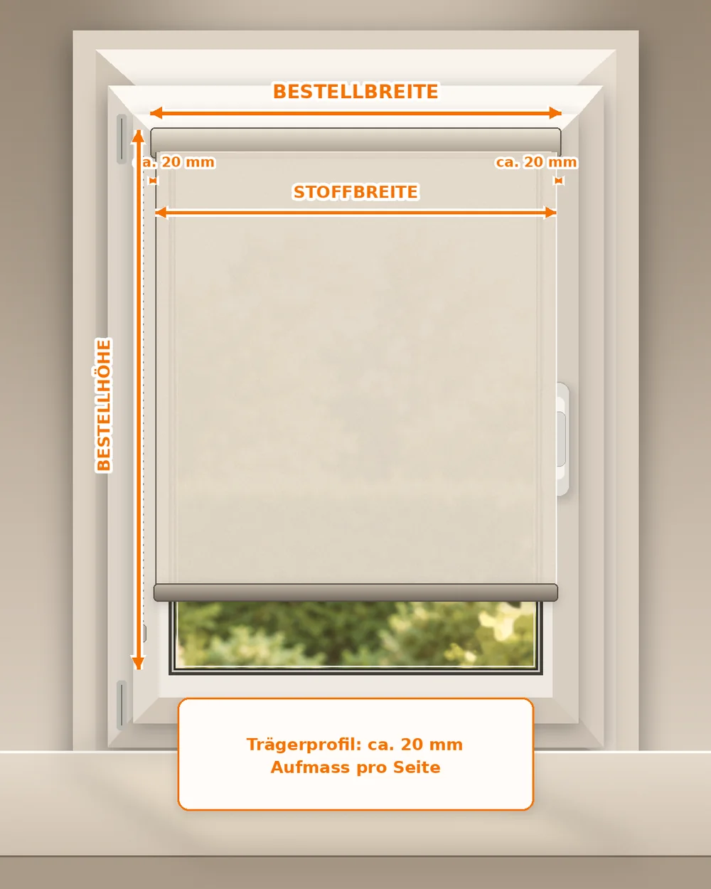 Messgrafik für ein Trägerprofil-Rollo mit Bestellbreite und Bestellhöhe