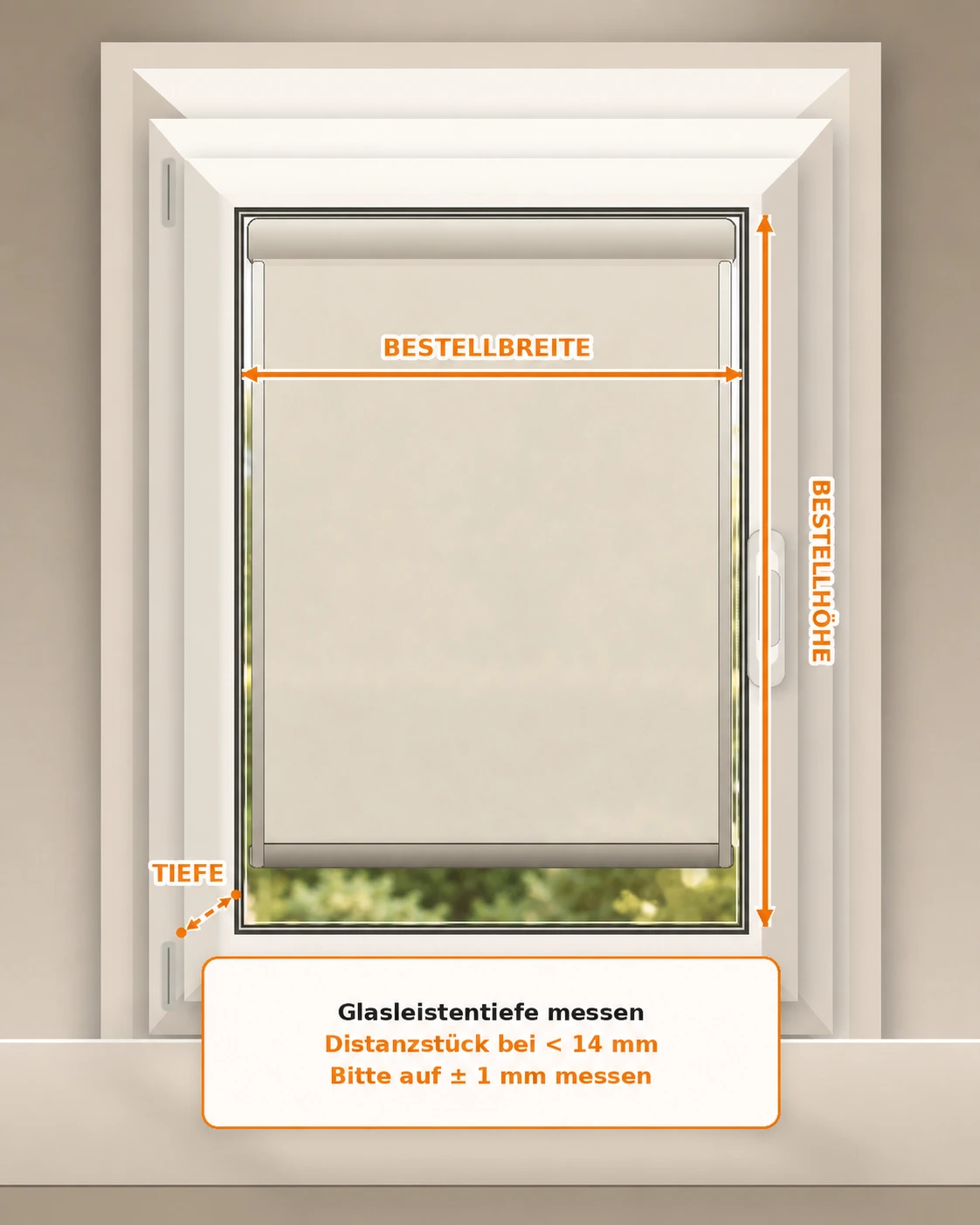 Messgrafik für ein Glasleisten-Rollo mit Bestellbreite, Bestellhöhe und Glasleistentiefe