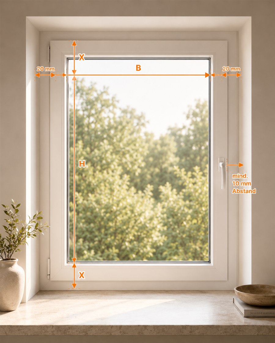 Messgrafik für ein Plissee auf dem Fensterflügel mit 20 Millimeter Überstand pro Seite und Abstand zum Fenstergriff