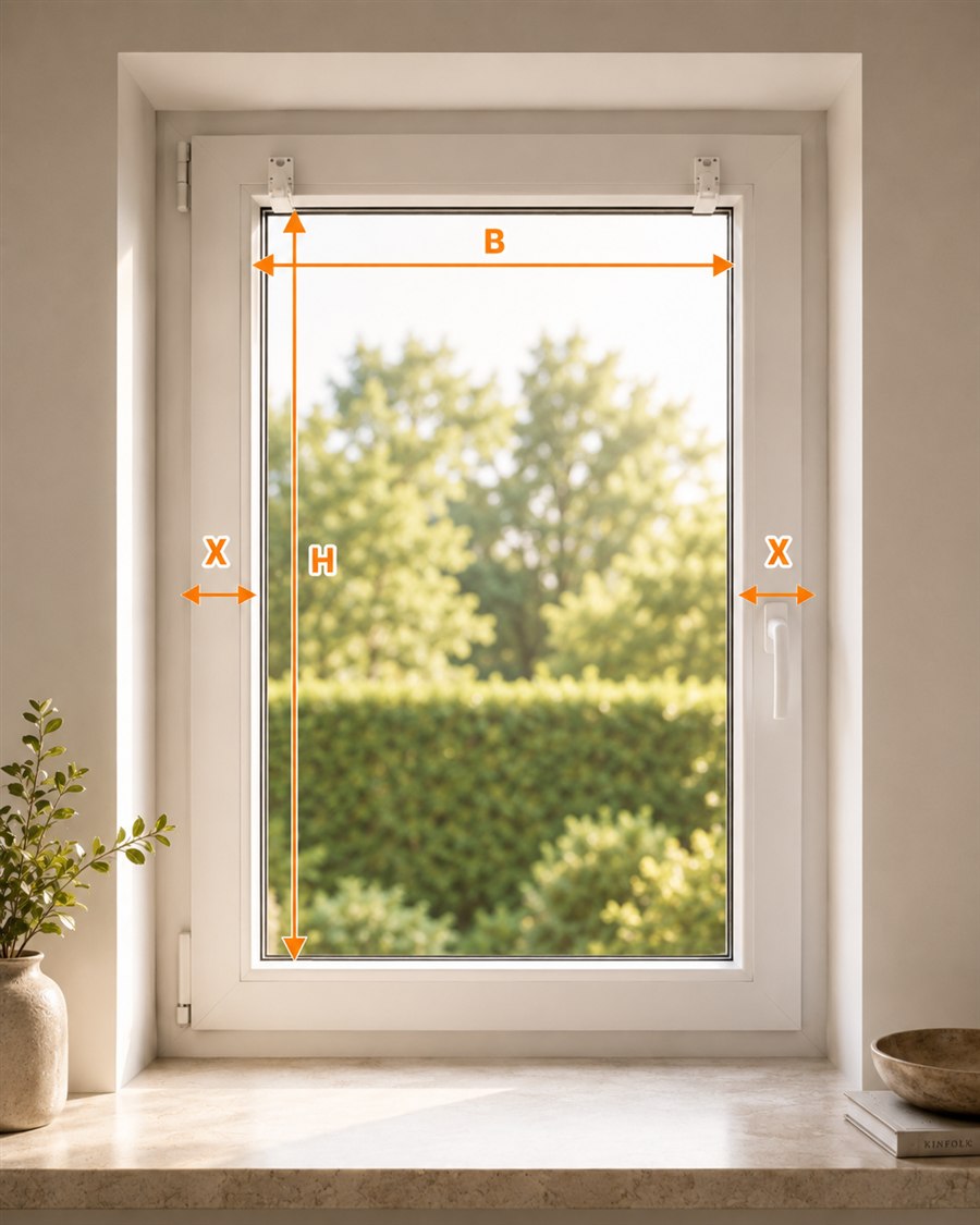 Messgrafik für ein Plissee mit Klemmträgern mit Breite und vollständiger Fensterflügelhöhe